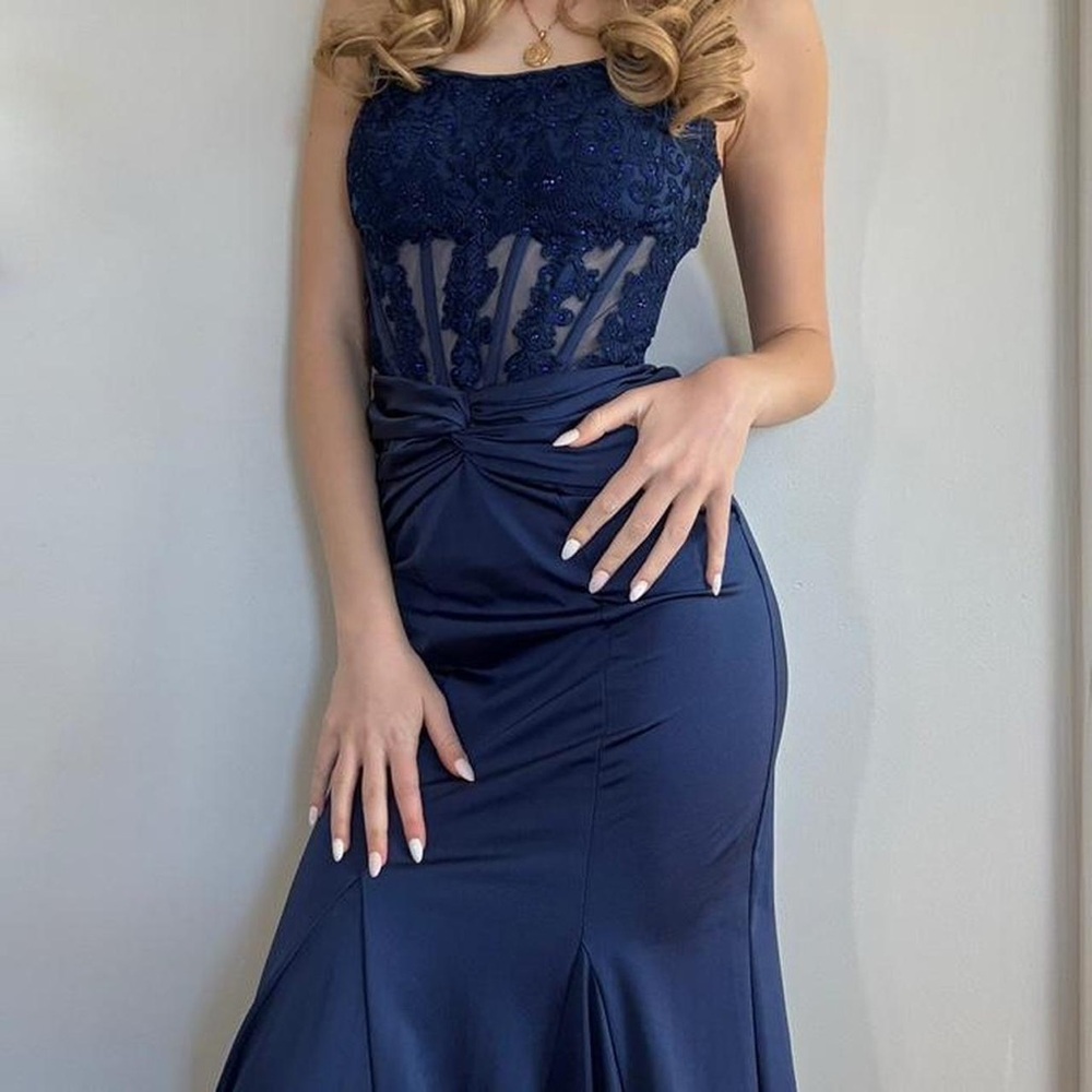 Navy Blue Blondie Nites Strapless Trumput Prom Dress